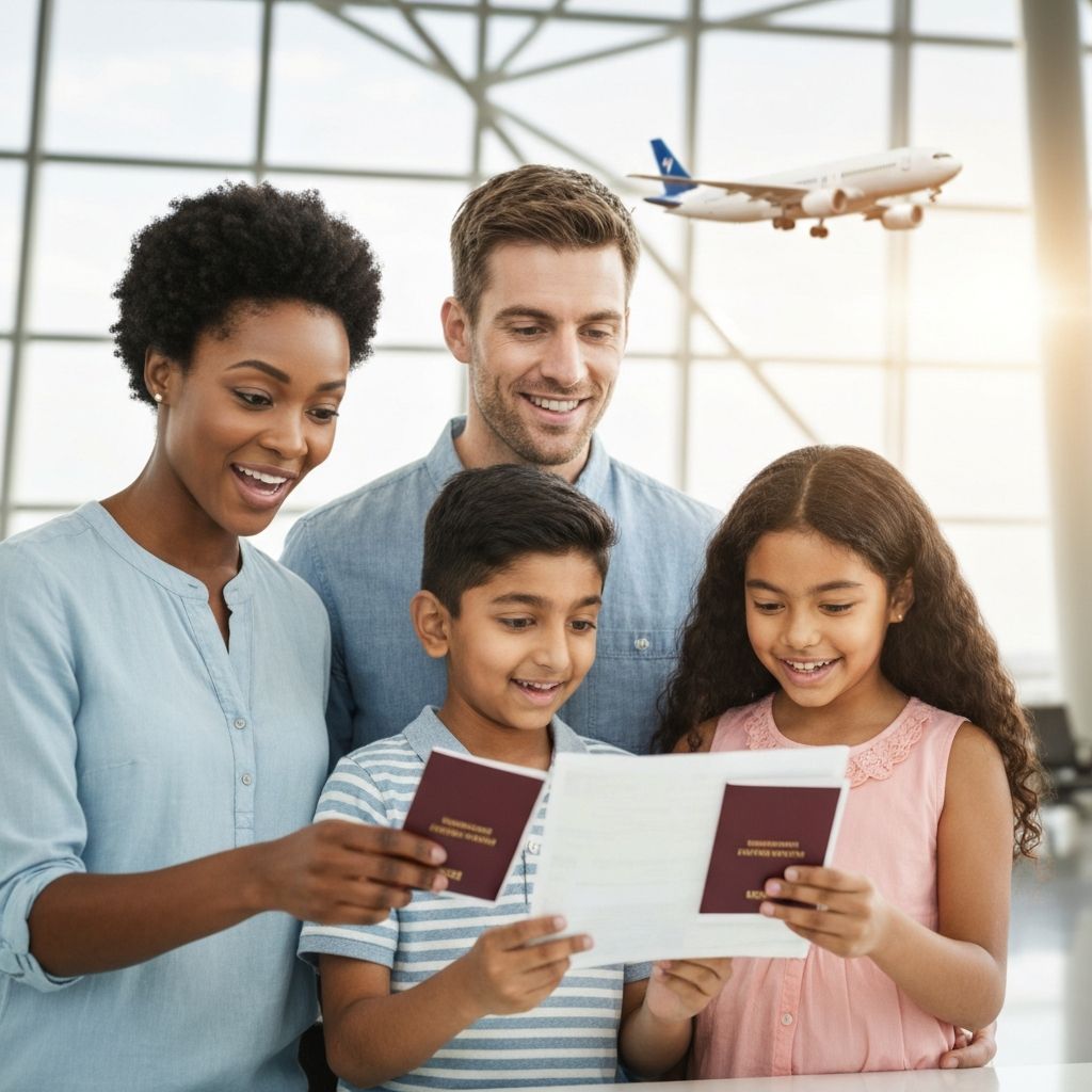 Happy family at airport with travel documents
